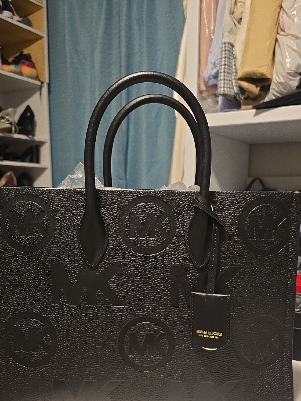 Michael Kors Black Embossed MK Logo Tote with Gold Accent